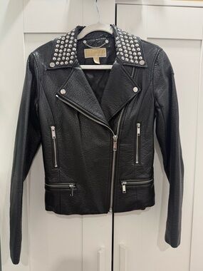 MICHAEL Michael Kors Black Studded Leather Moto Jacket with Silver Hardware